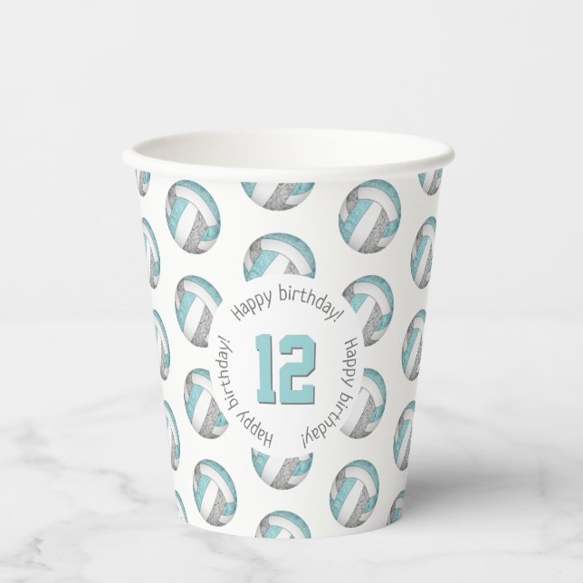 girly aqua grey volleyballs birthday party paper cups (Front)