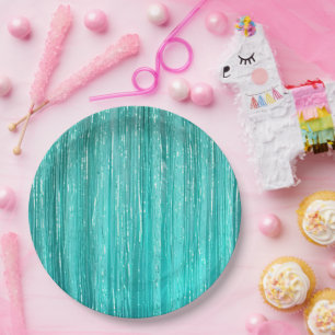 Girly Aqua Mint Glam Tinsel Stripes  Paper Plate
