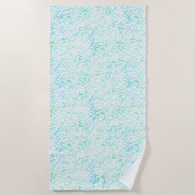 Girly Aqua Mint Watercolor White Leopard Print Beach Towel (Front)