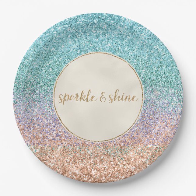 Girly Aqua Peach Gold Purple Mint Mermaid Glitter Paper Plate (Front)