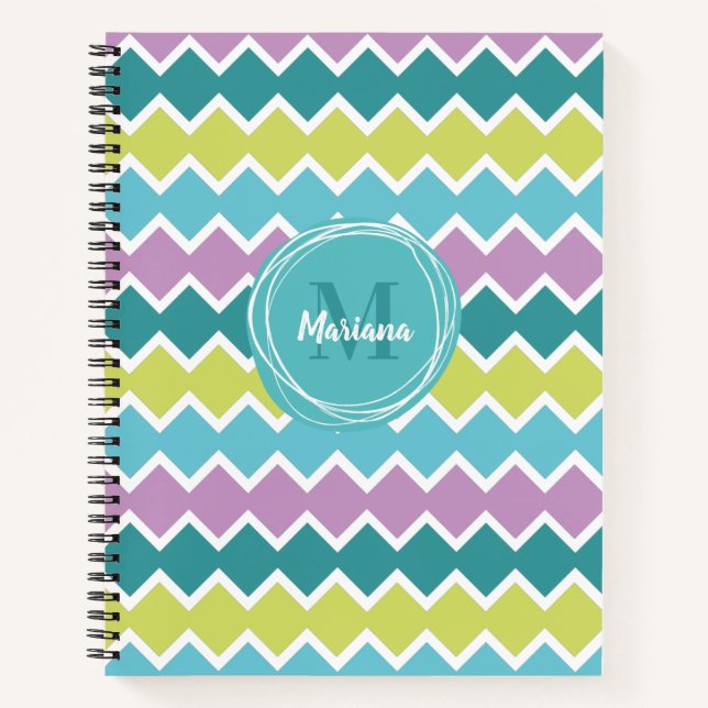 Girly Aqua Purple Geometric Pattern Monogram Notebook (Front)