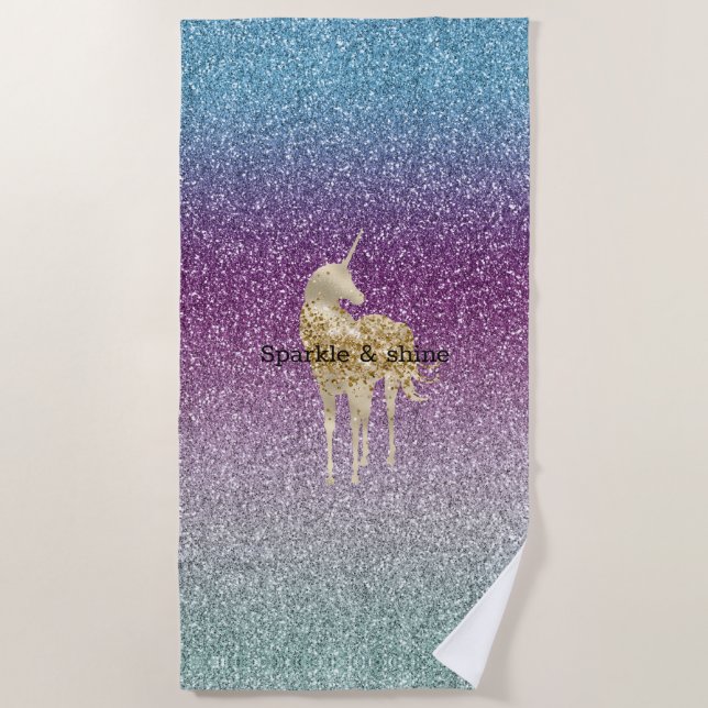 Girly Aqua Purple Mint Pink Glitter ombre Unicorn Beach Towel (Front)