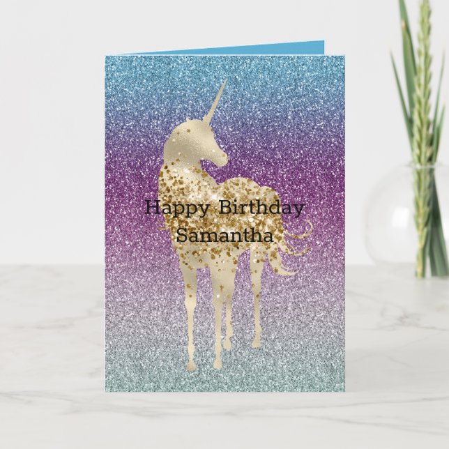 Girly Aqua Purple Mint Pink Glitter ombre Unicorn Card (Front)