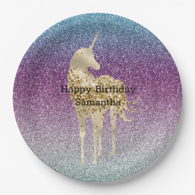 Girly Aqua Purple Mint Pink Glitter ombre Unicorn Paper Plate (Front)