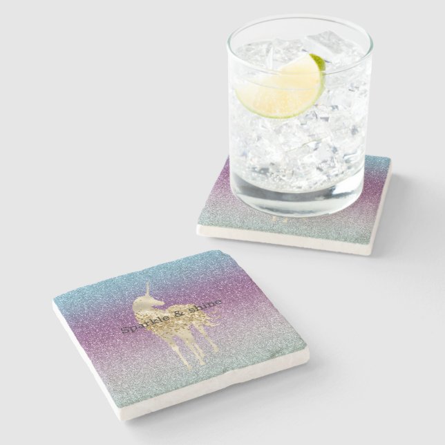 Girly Aqua Purple Mint Pink Glitter ombre Unicorn Stone Coaster (Side)