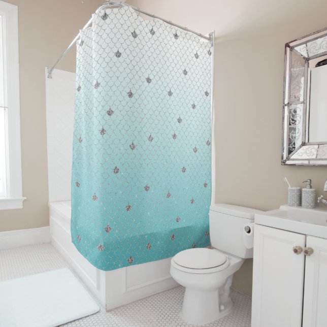 Girly Aqua Silver Glitter Ombre Sparkle Mermaid Shower Curtain (In Situ)
