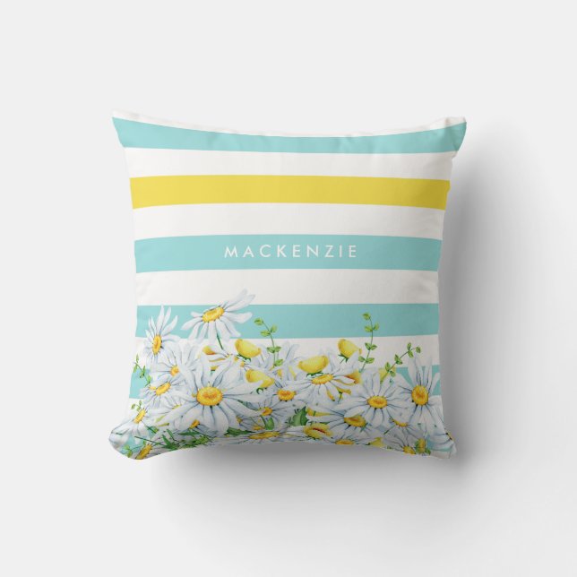 Girly Aqua Stripes With Yellow Daisies and Name Cushion (Front)