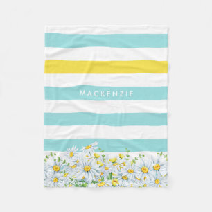 Girly Aqua Stripes With Yellow Daisies and Name Fleece Blanket