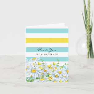 Girly Aqua Stripes With Yellow Daisies Thank You Card