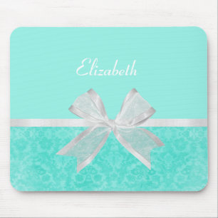 Girly Aqua Turquoise Damask White Ribbon With Name Mouse Pad