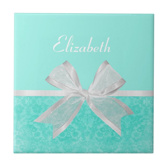 Girly Aqua Turquoise Damask White Ribbon With Name Tile (Front)