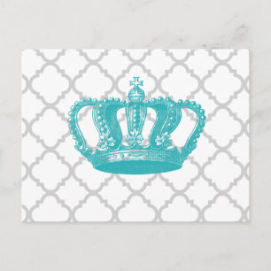 GIRLY AQUA VINTAGE CROWN GREY QUATREFOIL PATTERN POSTCARD