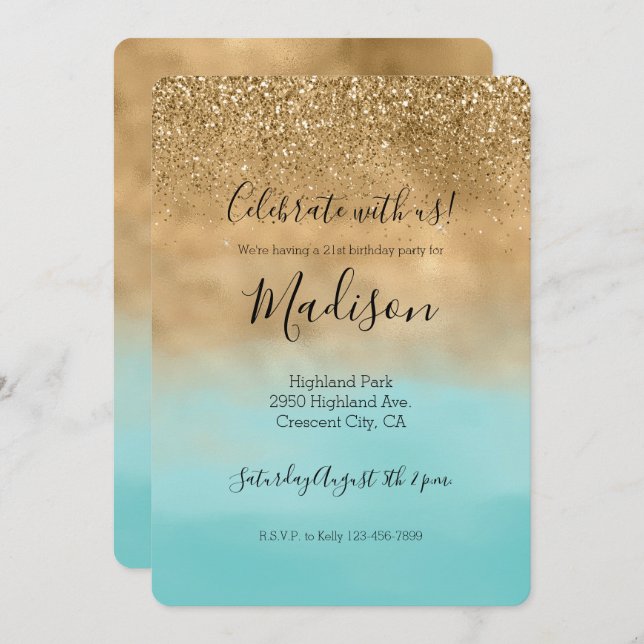 Girly Aqua Watercolor Gold Glitter Invitation (Front/Back)