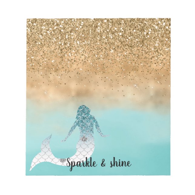 Girly Aqua Watercolor Gold Glitter Mermaid Notepad (Front)