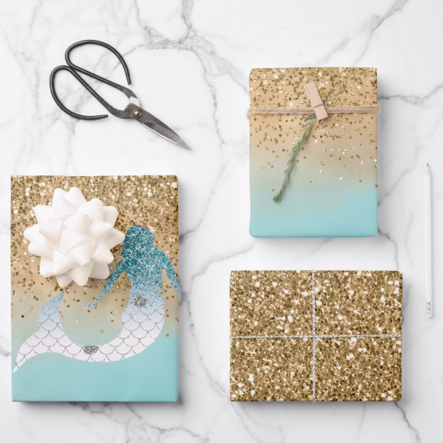 Girly Aqua Watercolor Gold Glitter Mermaid    Wrapping Paper Sheet (Front)