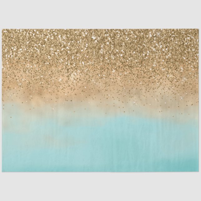 Girly Aqua Watercolor Gold Glitter Tissue Paper (Front)