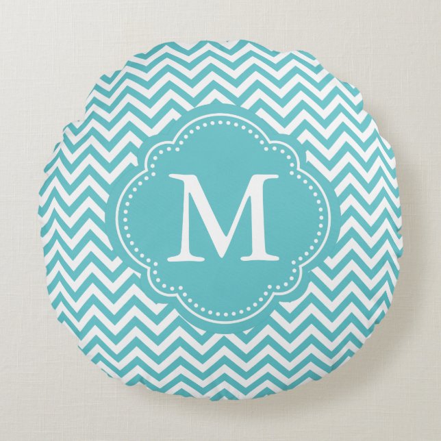 Girly Aqua White Chevron Stripes Monogram Round Cushion (Front)