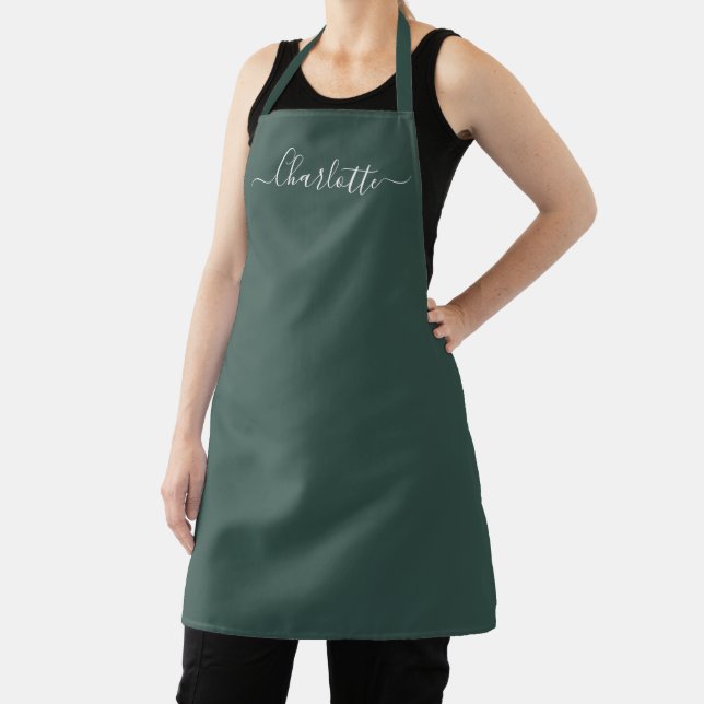 Girly army green custom script name elegant solid apron (Insitu)