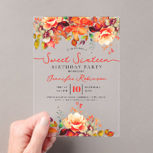 Girly Autumn Fall Floral Sweet 16 Birthday Party Acrylic Invitations