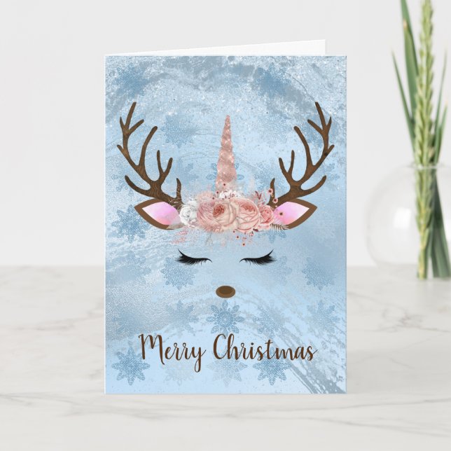Girly baby blue marble unicorn reindeer snowflakes card (Front)