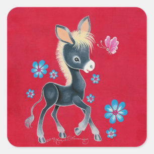 Girly Baby Donkey With Flowers Square Sticker