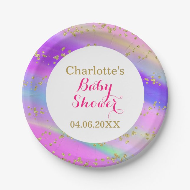 Girly Baby Shower Colourful Unicorn Gold Glitter Paper Plate (Front)