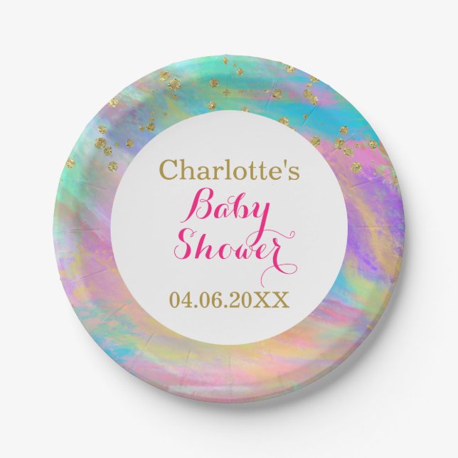 Girly Baby Shower Colourful Unicorn Gold Glitter Paper Plate (Front)