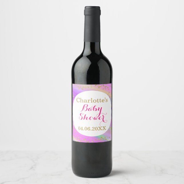 Girly Baby Shower Colourful Unicorn Gold Glitter Wine Label (Front)