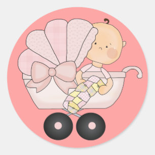 Girly Baby Shower+Cute Baby Buggy/Pink Classic Round Sticker