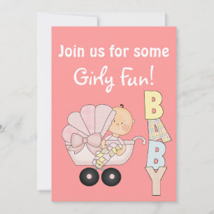 Girly Baby Shower+Cute Baby Buggy/Pink Invitation