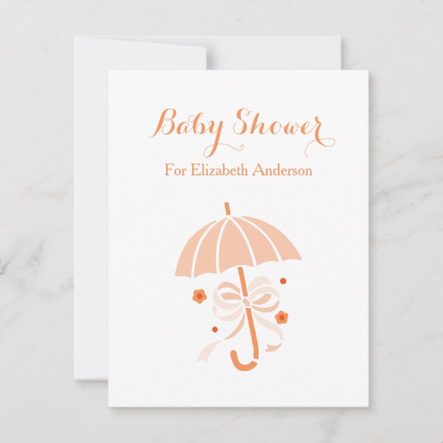 Girly Baby Shower Cute Orange Umbrella With Bow Invitation (Front)