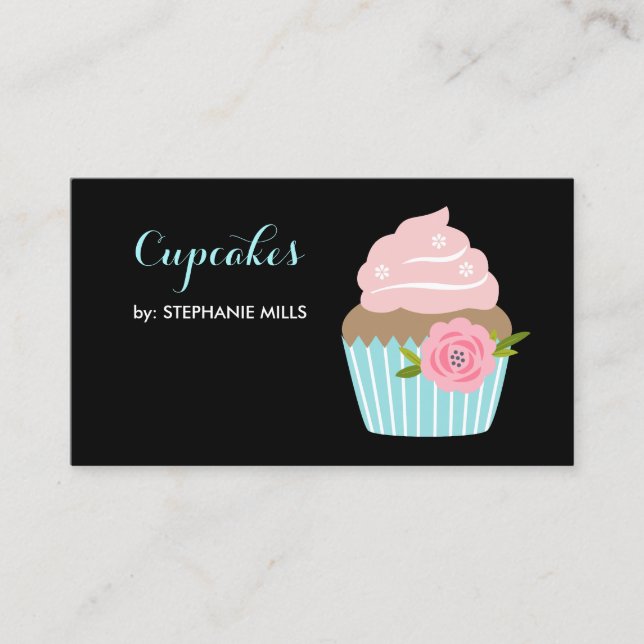 Girly Bakery Cute Blue Cupcake With Pink Flower Business Card (Front)