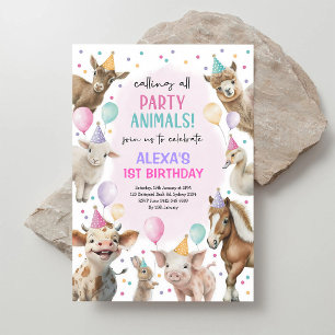 Girly Barnyard Farm Animals Pink Birthday Invitation