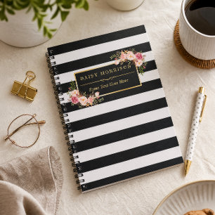 Girly Beautiful Floral Wrapping Gold B&W Stripes Notebook