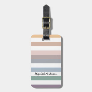 Girly Beige Blue Wide Horizontal Stripes With Name Luggage Tag