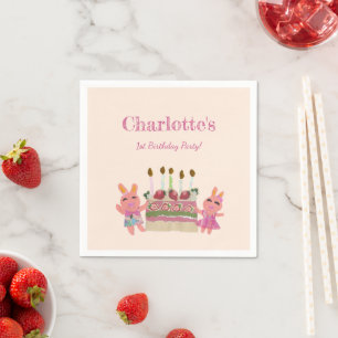 Girly Berry Sweet Bunnies Pink Kids Birthday Party Napkin
