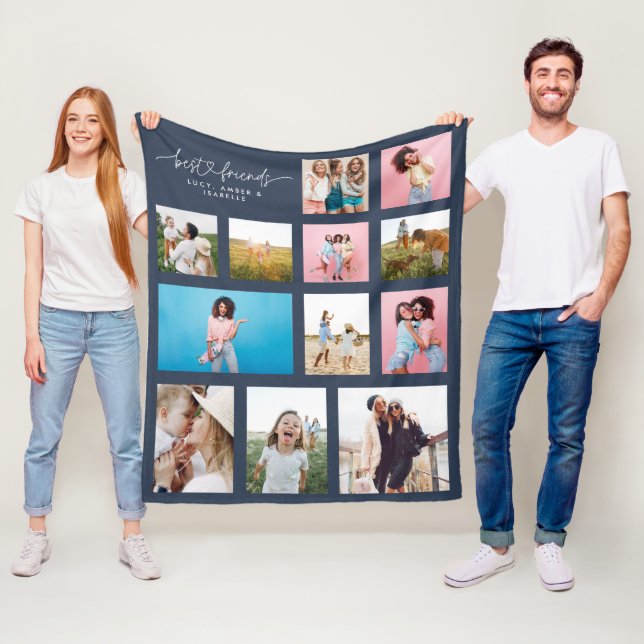 Girly besties mult photo best friend modern navy fleece blanket (In Situ)