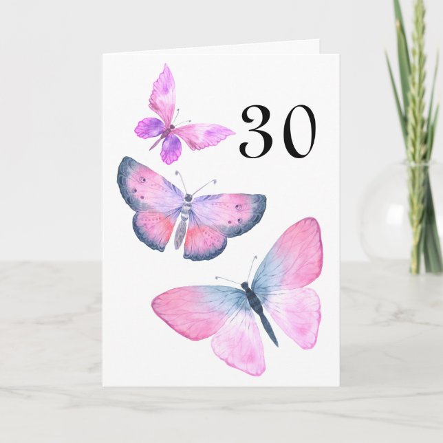 Girly Birthday Pink Butterfly Watercolor Any Year Card (Front)