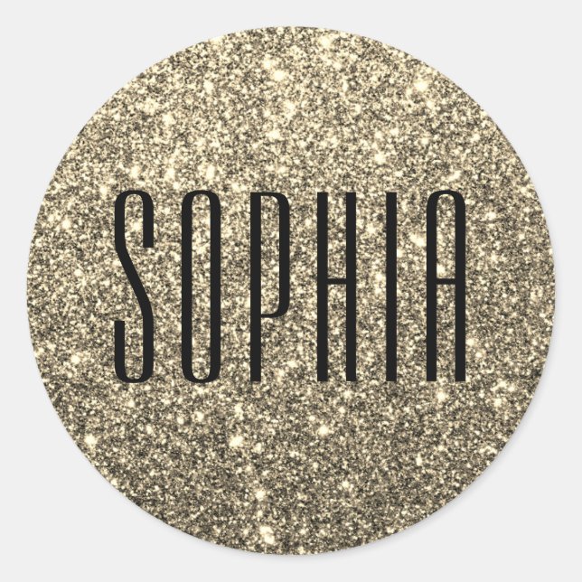Girly Black and Gold Glitter Name Cute Sparkle Classic Round Sticker (Front)