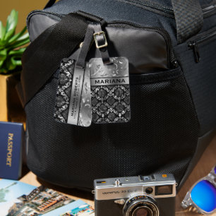 Girly Black And Metallic Silver Damasks & Swirls Luggage Tag