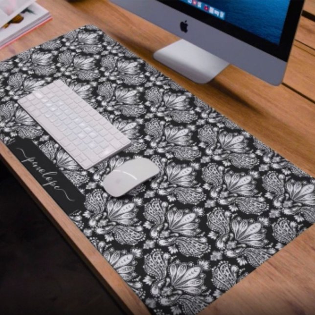 Girly black and white damasks pattern monogram desk mat (Creator Uploaded)
