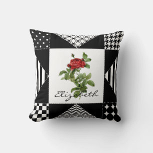 Girly Black and White Geometric Red Rose With Name Cushion