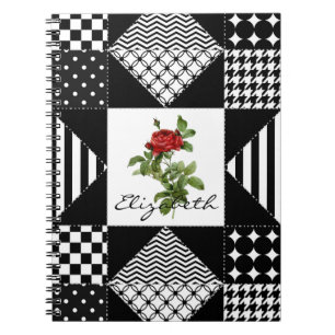 Girly Black and White Geometric Red Rose With Name Spiral Notebook