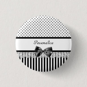 Girly Black and White Victorian Stripes With Name 3 Cm Round Badge