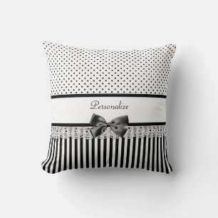 Girly Black and White Victorian Stripes With Name Cushion