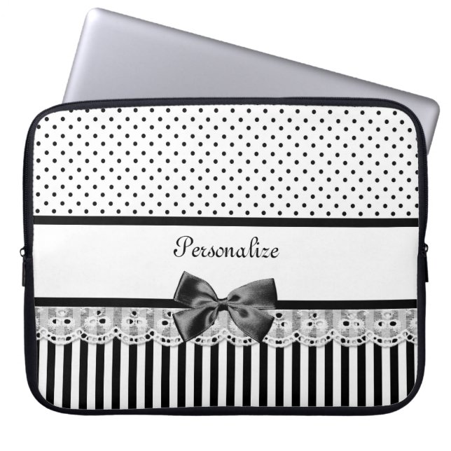 Girly Black and White Victorian Stripes With Name Laptop Sleeve (Front)