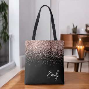Girly Black Blush Pink Rose Gold Glitter Monogram Tote Bag