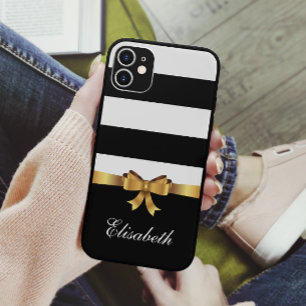Girly Black Bold Stripes Golden BOW personalized Case-Mate iPhone Case