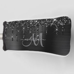 Girly Black Brushed Metal Dripping Glitter Name Golf Head Cover