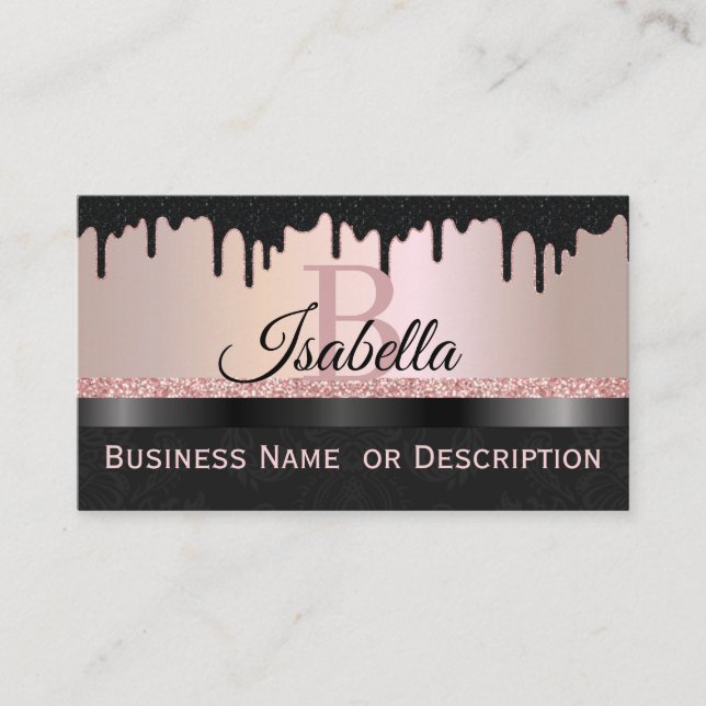 Girly Black Crystals, Rose Gold Glitter Sparkle an Business Card (Front)